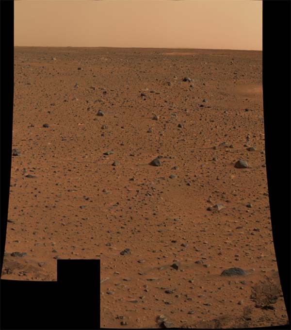 The first color image of the Martian surface sent back by the Mars Exploration Rover.  Image credit NASA/JPL.