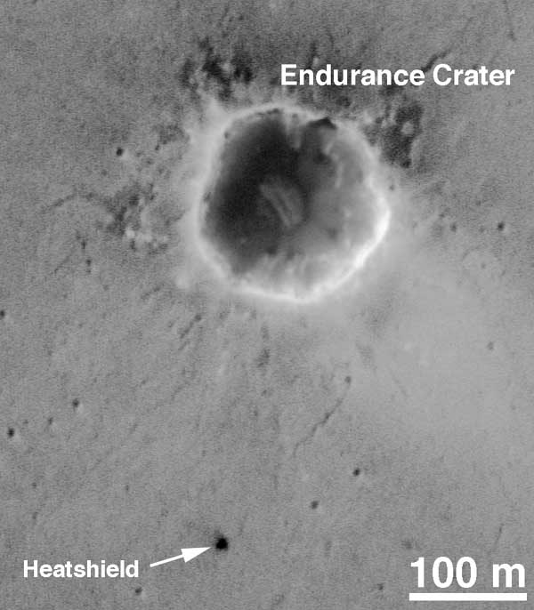 Opportunity, overhead of Endurance crater. Image credit NASA/JPL.