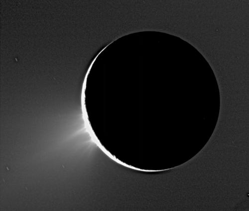 Enceladus water fountains - black and white. Image Credit: NASA/JPL.