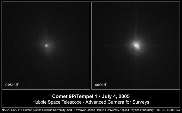 Tempel 1 as seen on from Hubble - before and after impact.  Image credit NASA/ESA/JHU. 