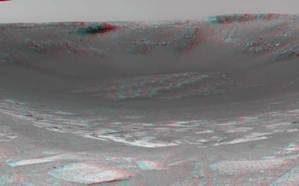 At Endurance crater - 3D anaglyph detail.  Image credit NASA/JPL.