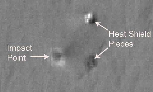 The impact area for the heatshield from Opportunity as seen by HiRISE. Image credit NASA/JPL.