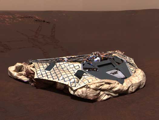 A color image of the lander stage that delivered the Opportunity rover to Mars. Image credit NASA/JPL.