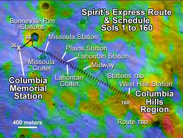 The traverse route for Spirit.   Image credit NASA/JPL. 